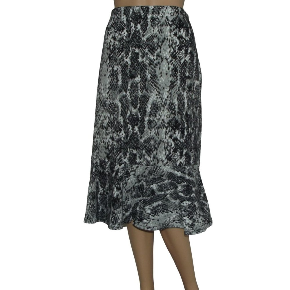 LM by Lola Moreno Tulip Midi Skirt 12 Animal Print flounce bell gray black white